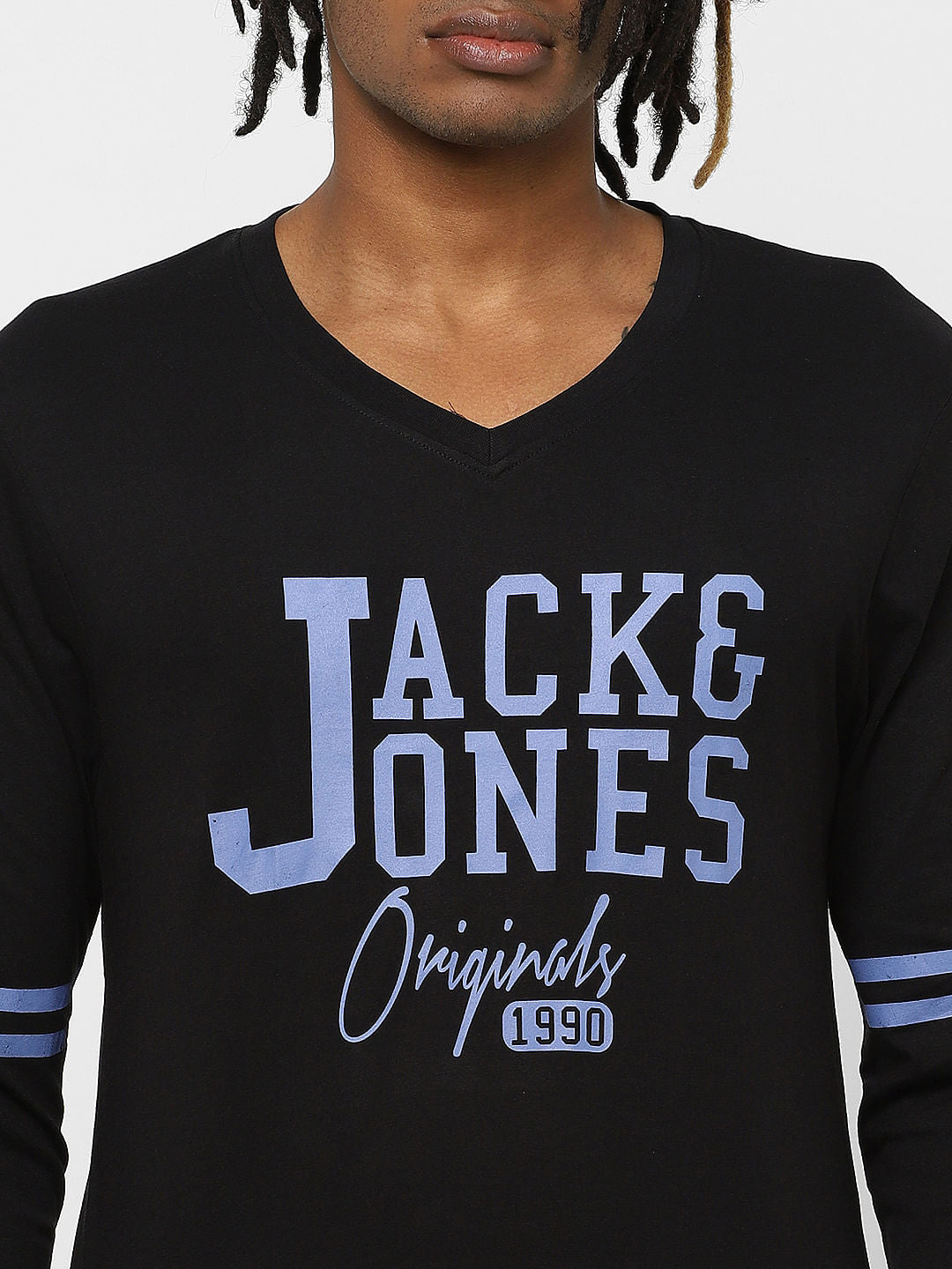 Black Logo Print V Neck Full Sleeves T-Shirt