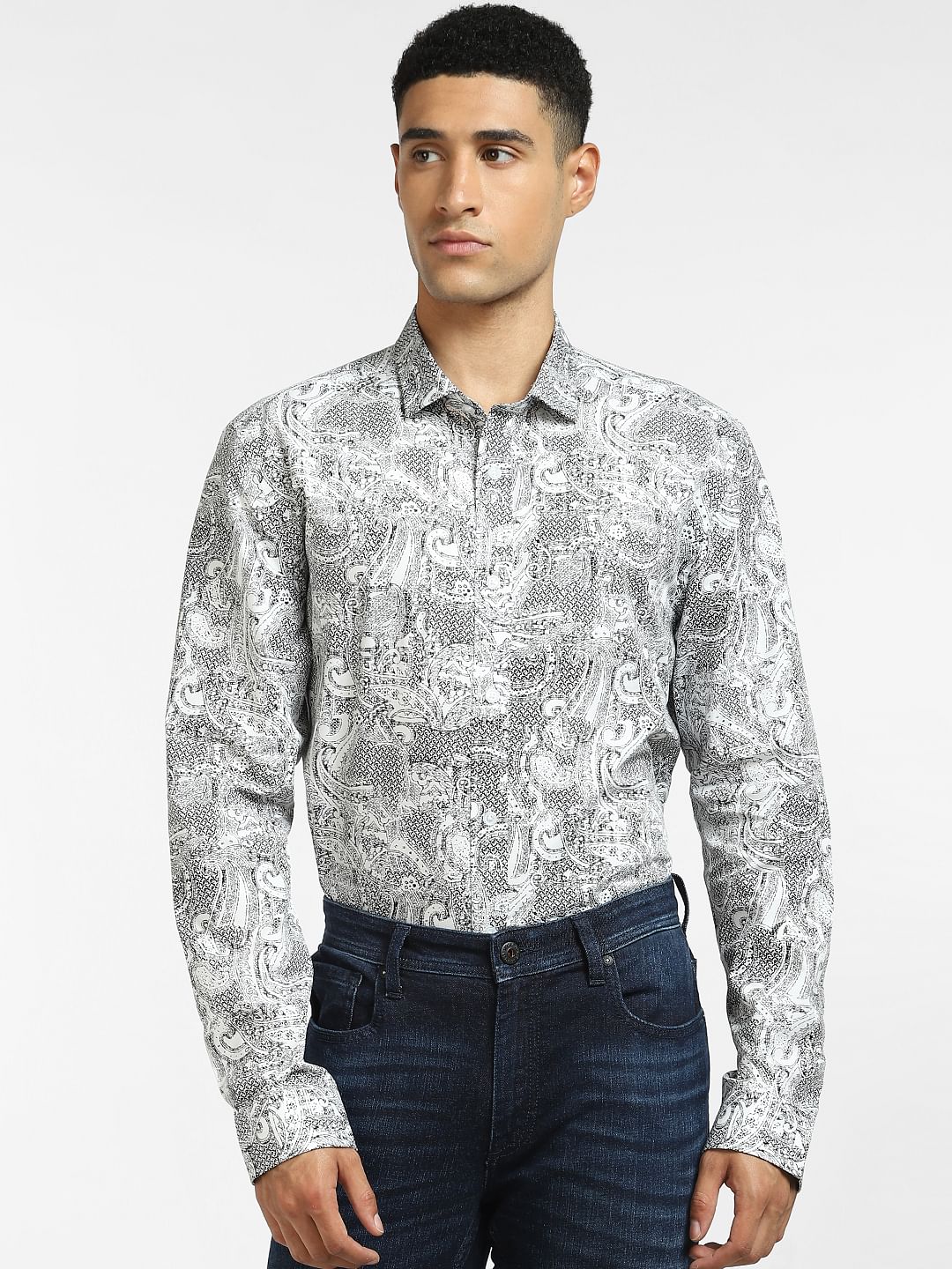 White Paisley Print Full Sleeves Shirt