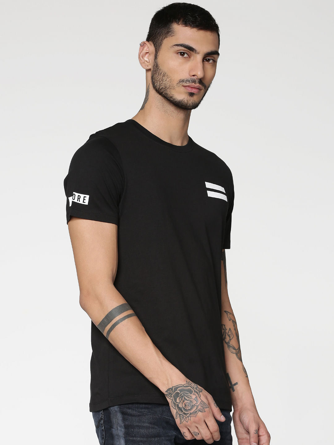 Black Graphic Print Slim Fit Crew Neck T-Shirt