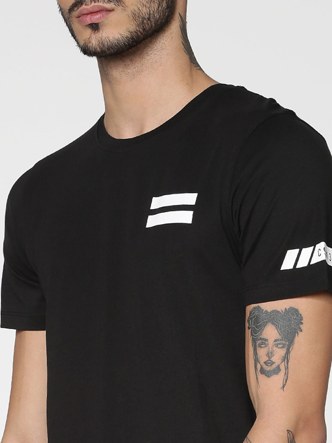 Black Graphic Print Slim Fit Crew Neck T-Shirt