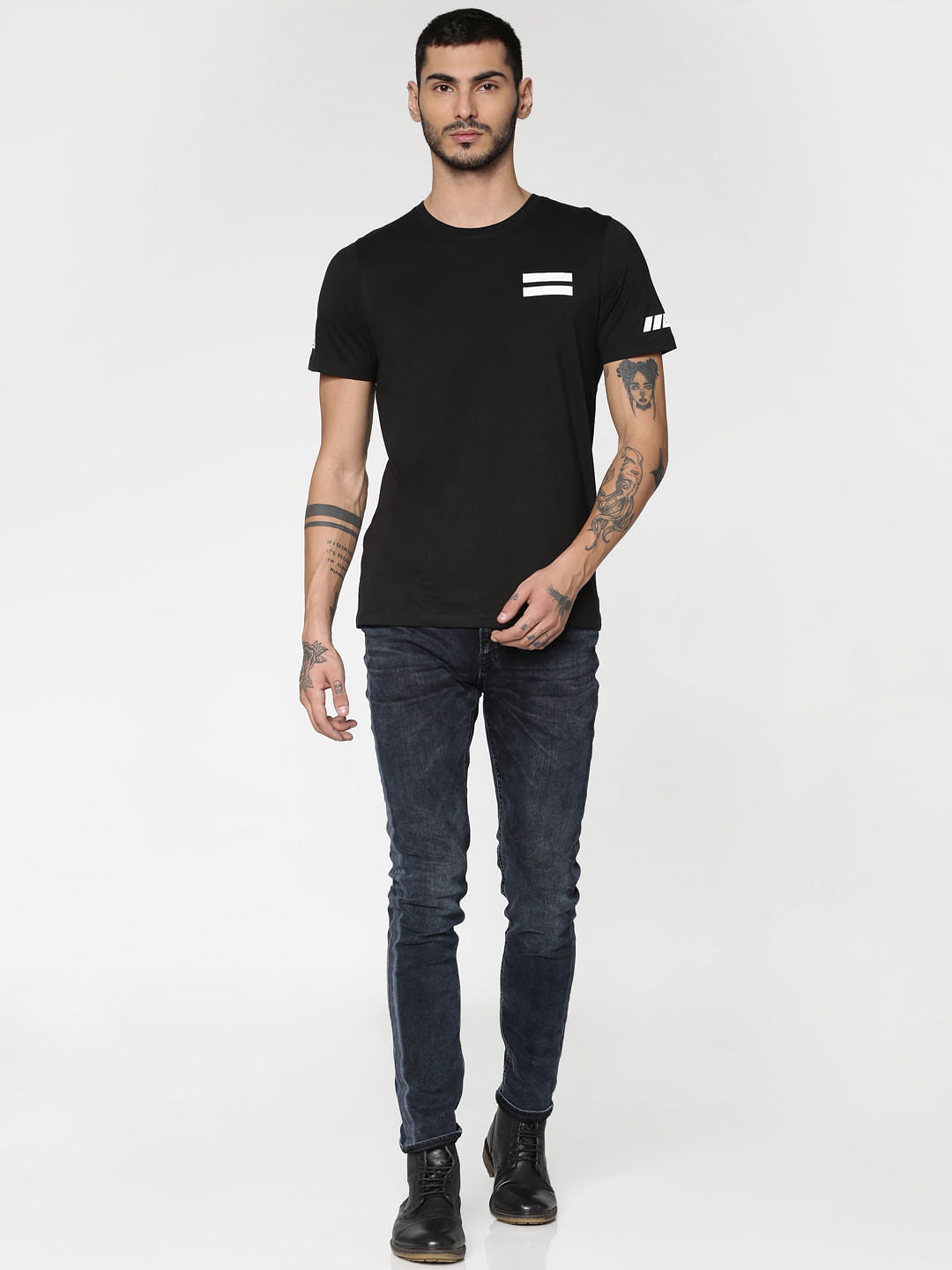 Black Graphic Print Slim Fit Crew Neck T-Shirt