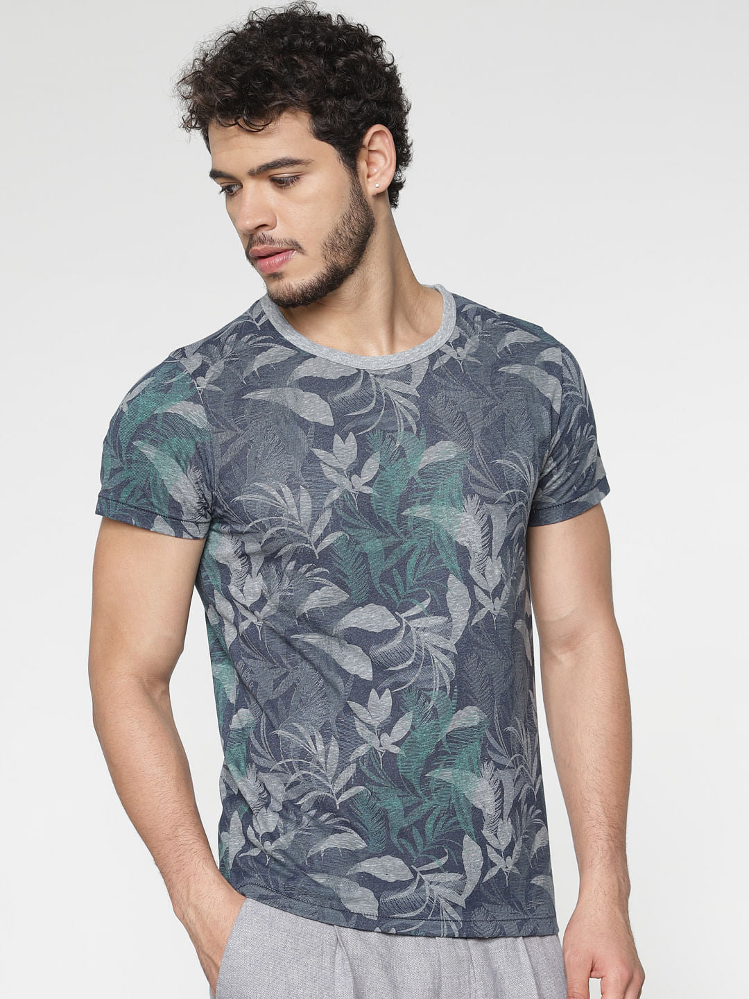 Blue All Over Tropical Print Slim Fit Crew Neck T-Shirt