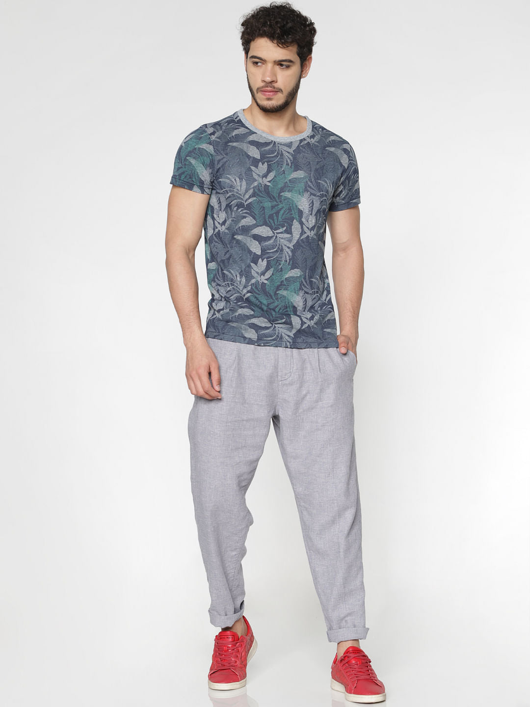 Blue All Over Tropical Print Slim Fit Crew Neck T-Shirt