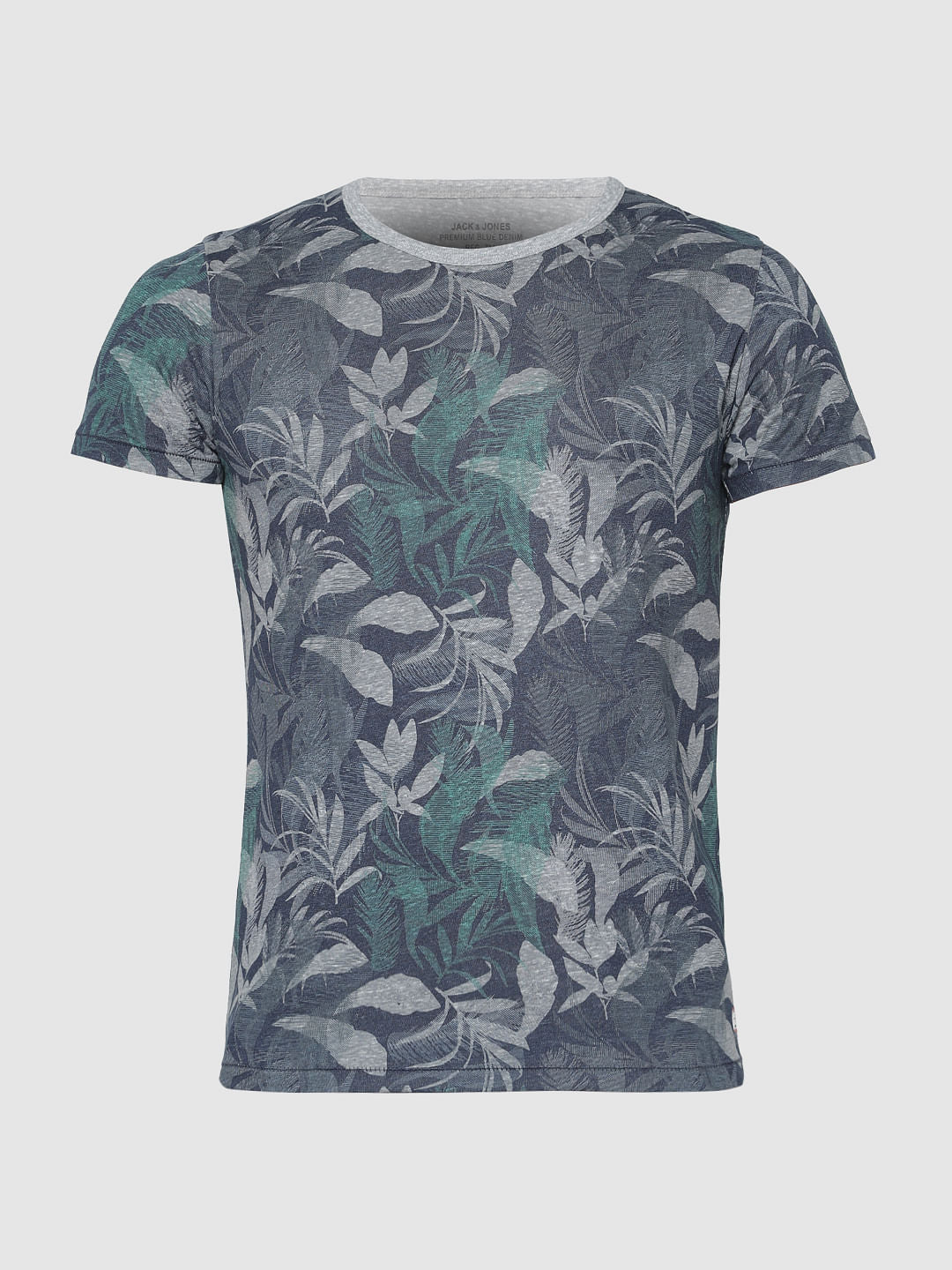Blue All Over Tropical Print Slim Fit Crew Neck T-Shirt
