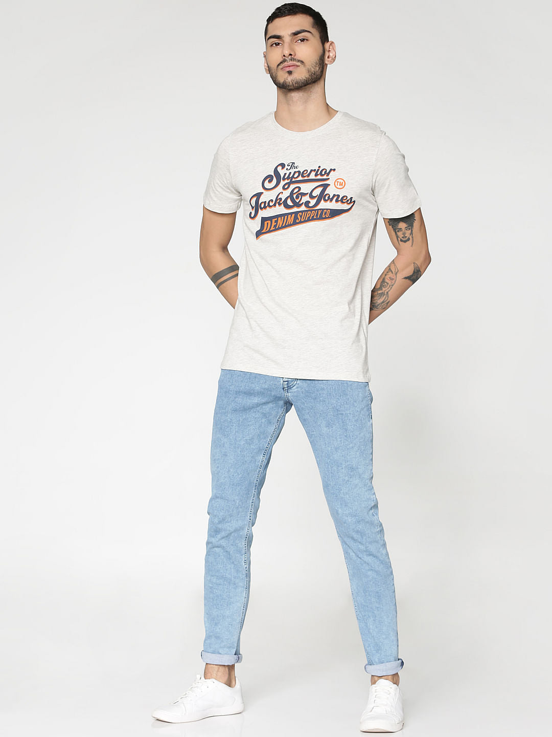 White Typographic Chest Print Slim Fit Crew Neck T-Shirt