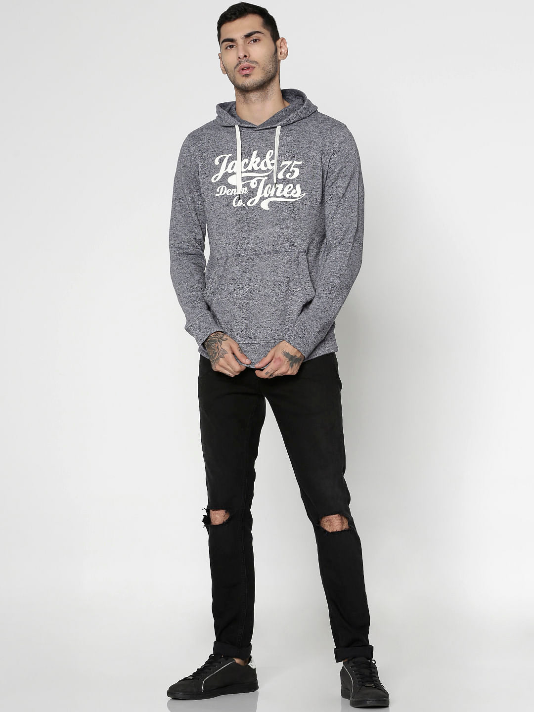 Grey Text Print Hooded Sweatshirt