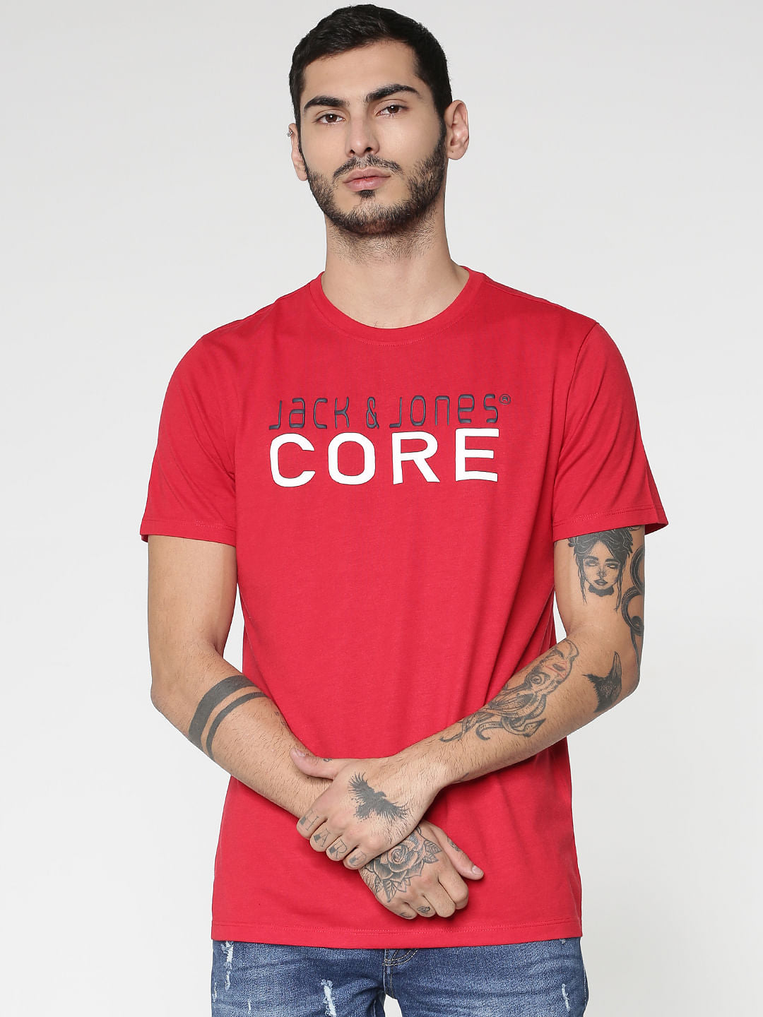 Red Core Text Print Slim Fit Crew Neck T-Shirt