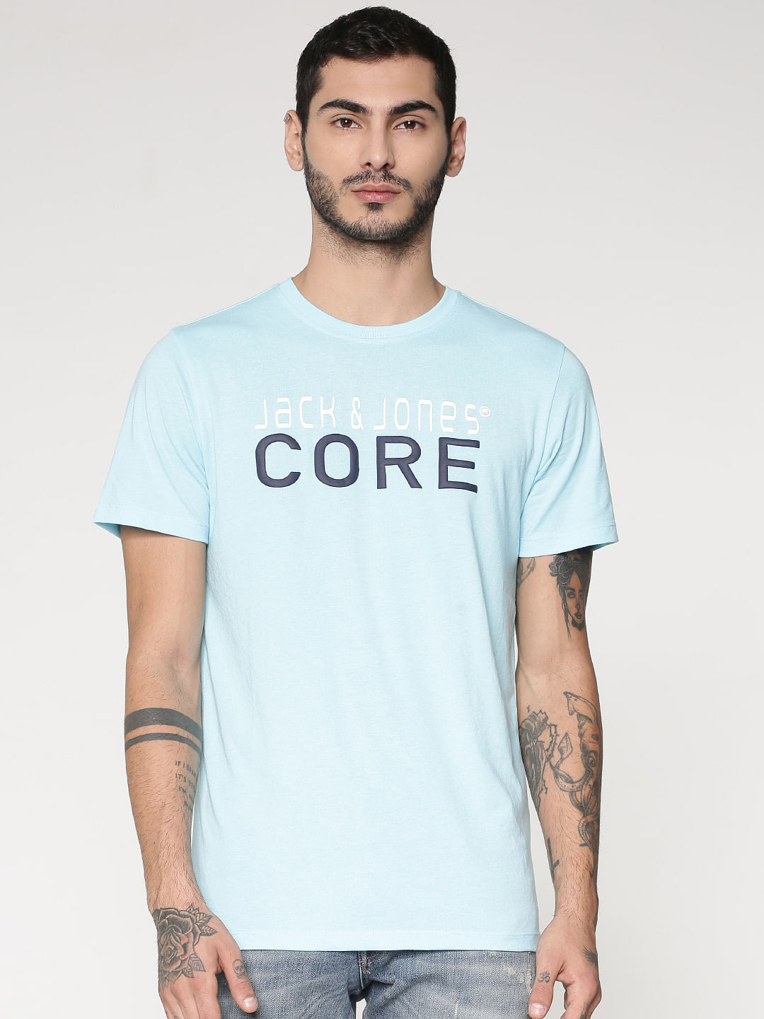 Blue Core Text Print Slim Fit Crew Neck T-Shirt