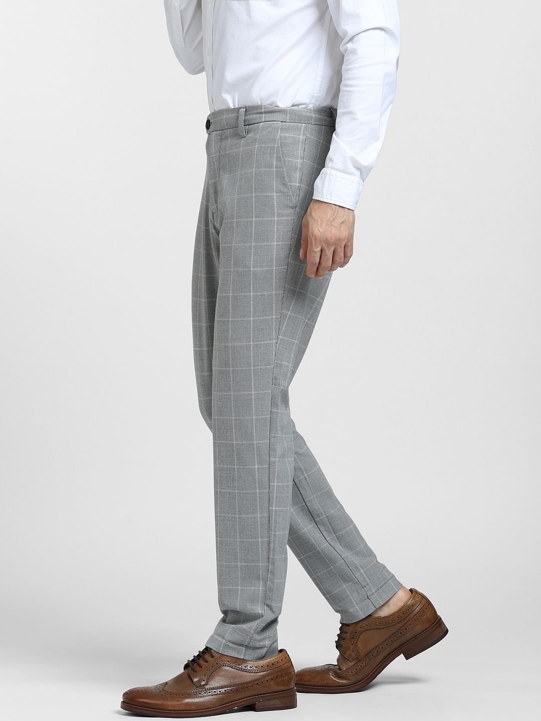 Grey Mid Rise Check Trousers