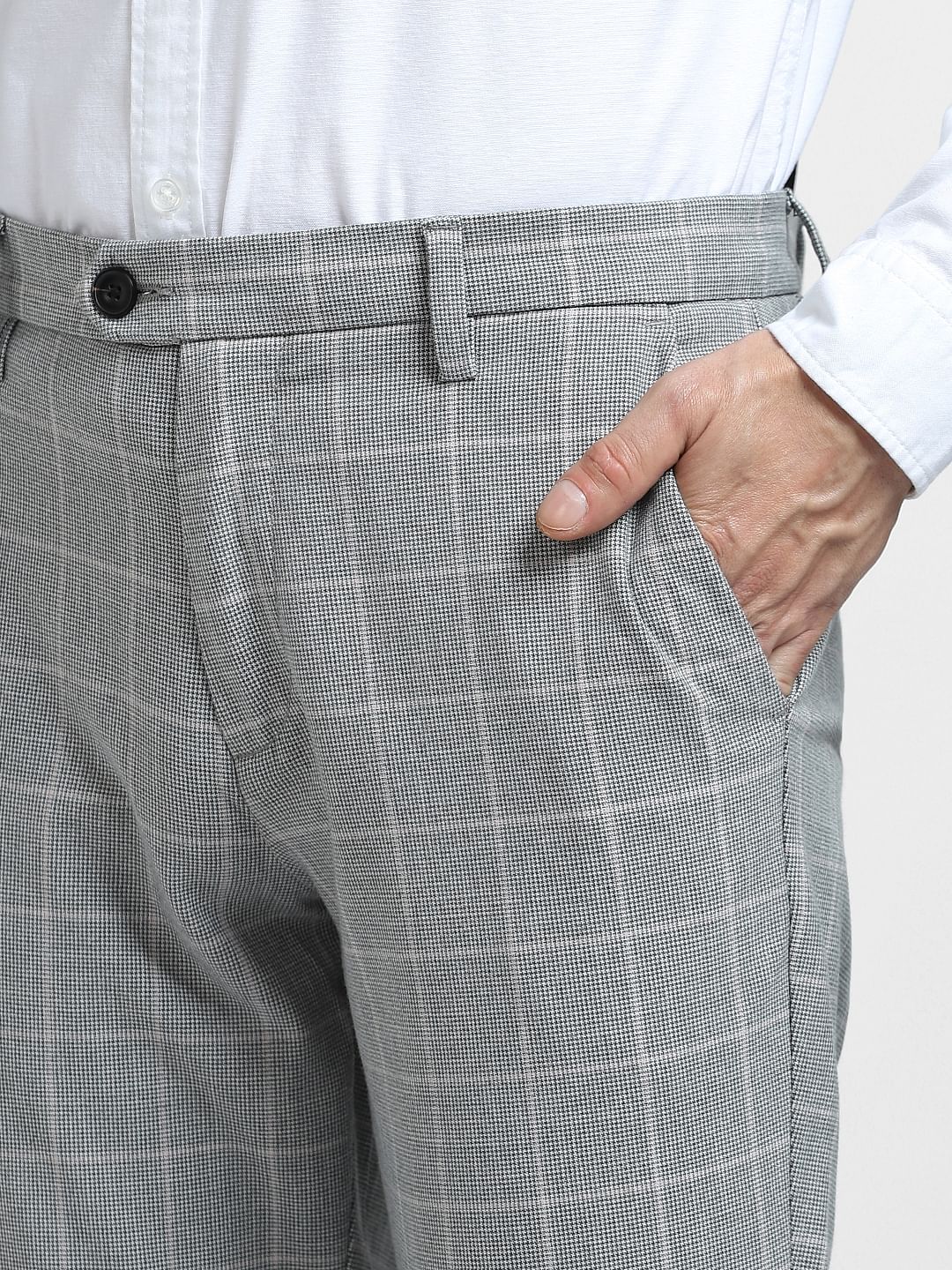 Grey Mid Rise Check Trousers