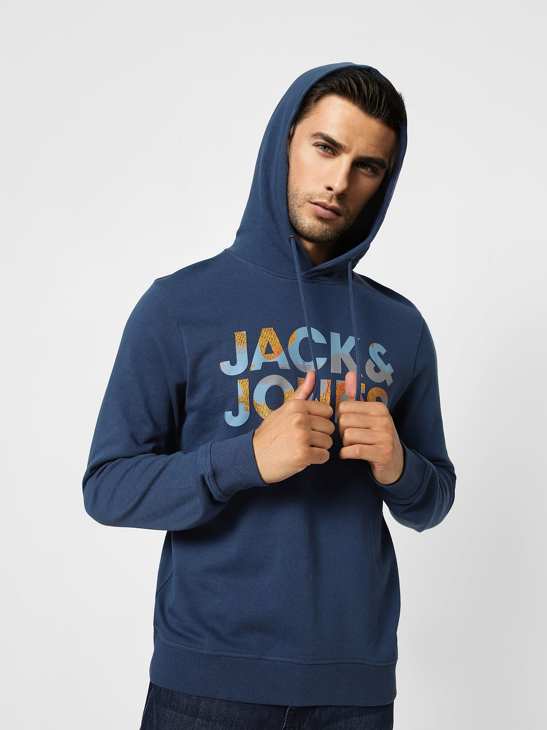 Blue Logo Print Hooded Sweatshirt