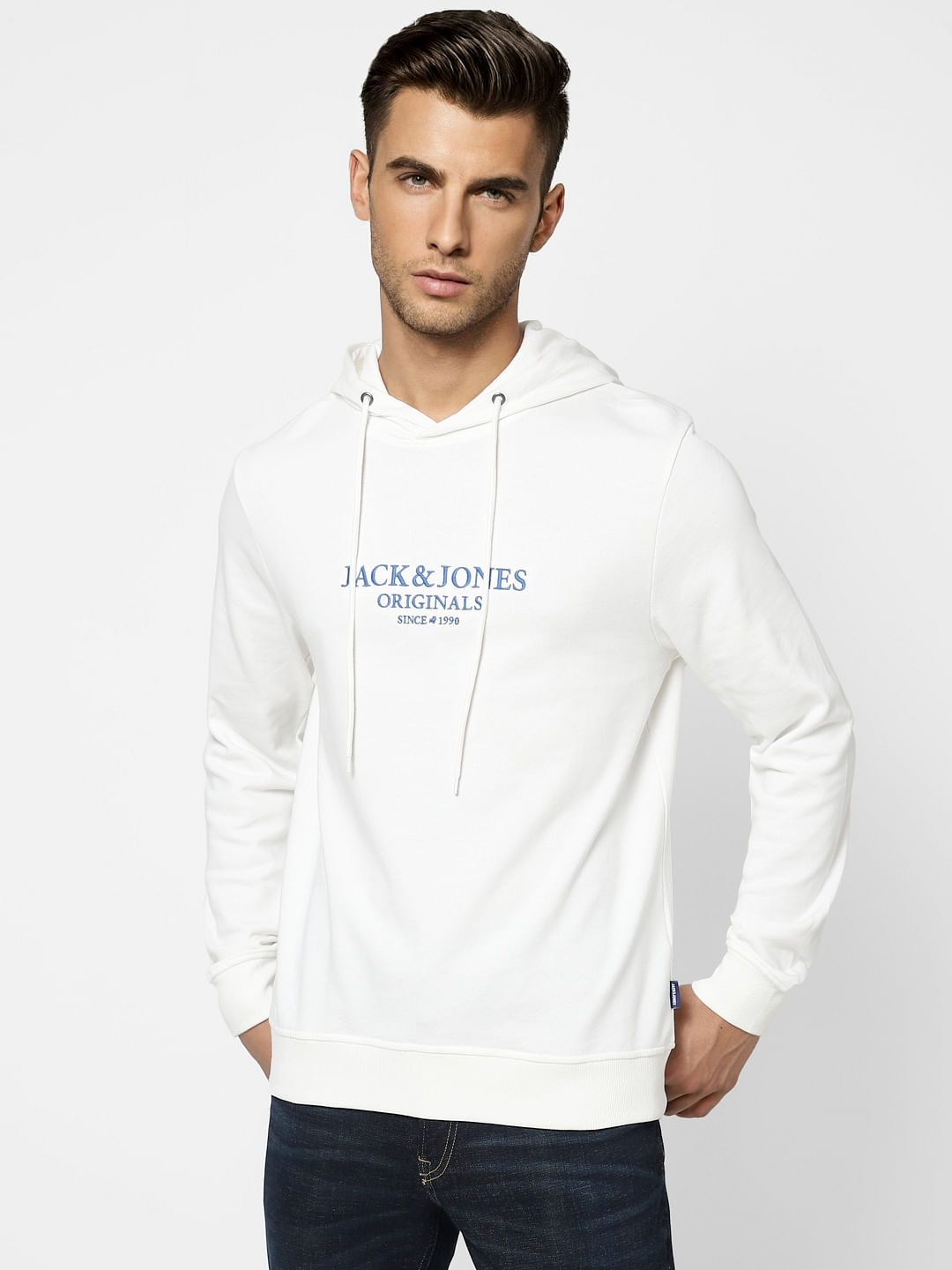 White Logo Print Hooded Sweatshirt
