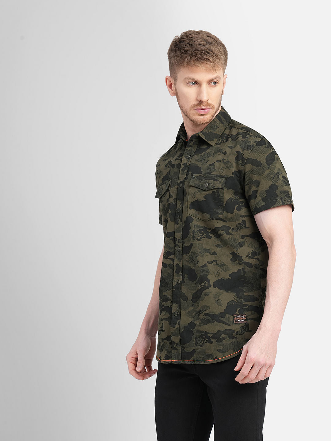 Green Camo Print Short Sleeves Shirt