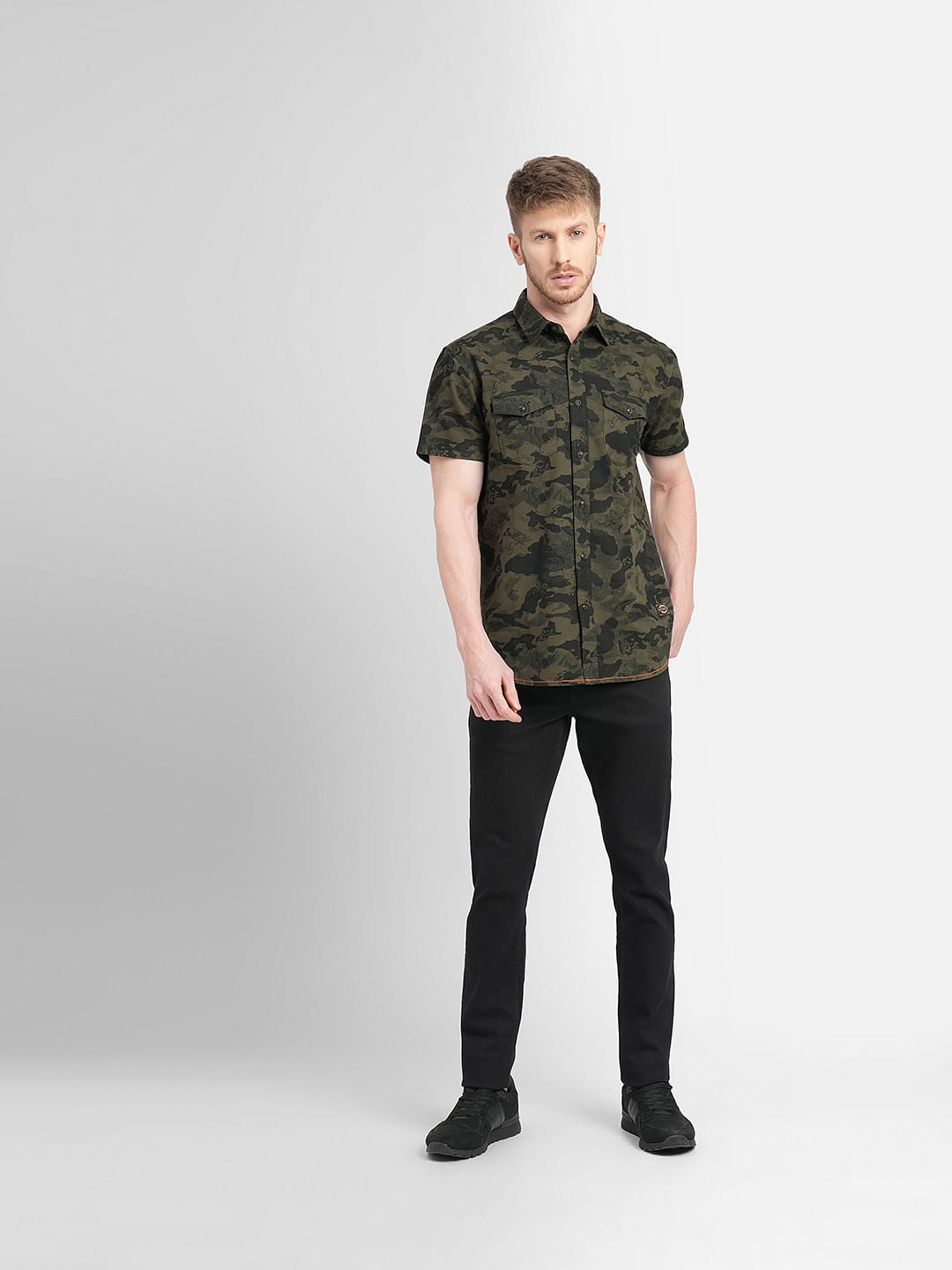 Green Camo Print Short Sleeves Shirt