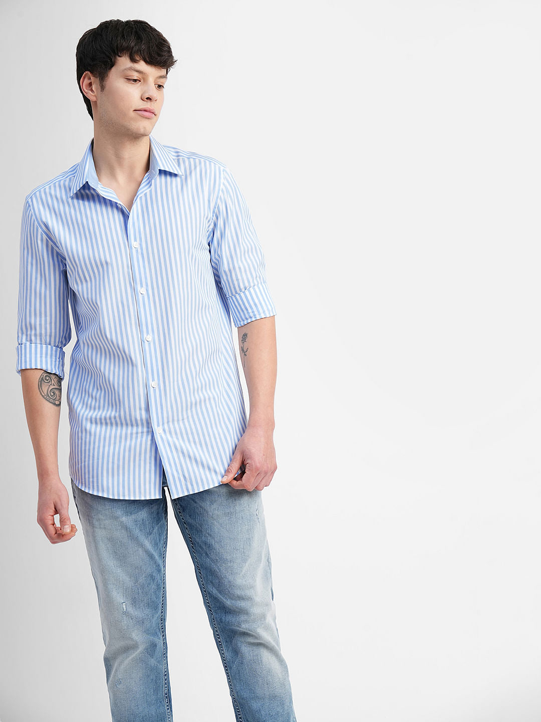 Blue & White Striped Full Sleeves Shirt