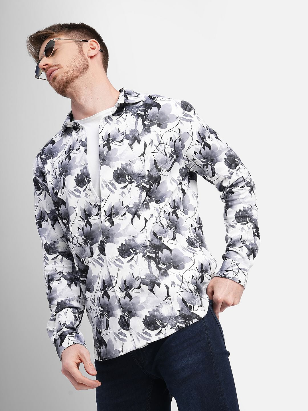White Floral Print Full Sleeves Shirt