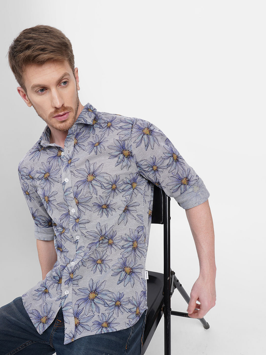 Blue Sunflower Print Full Sleeves Shirt