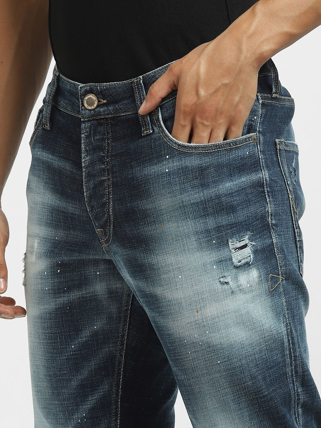 Blue Mid Rise Ripped Clark Regular Jeans