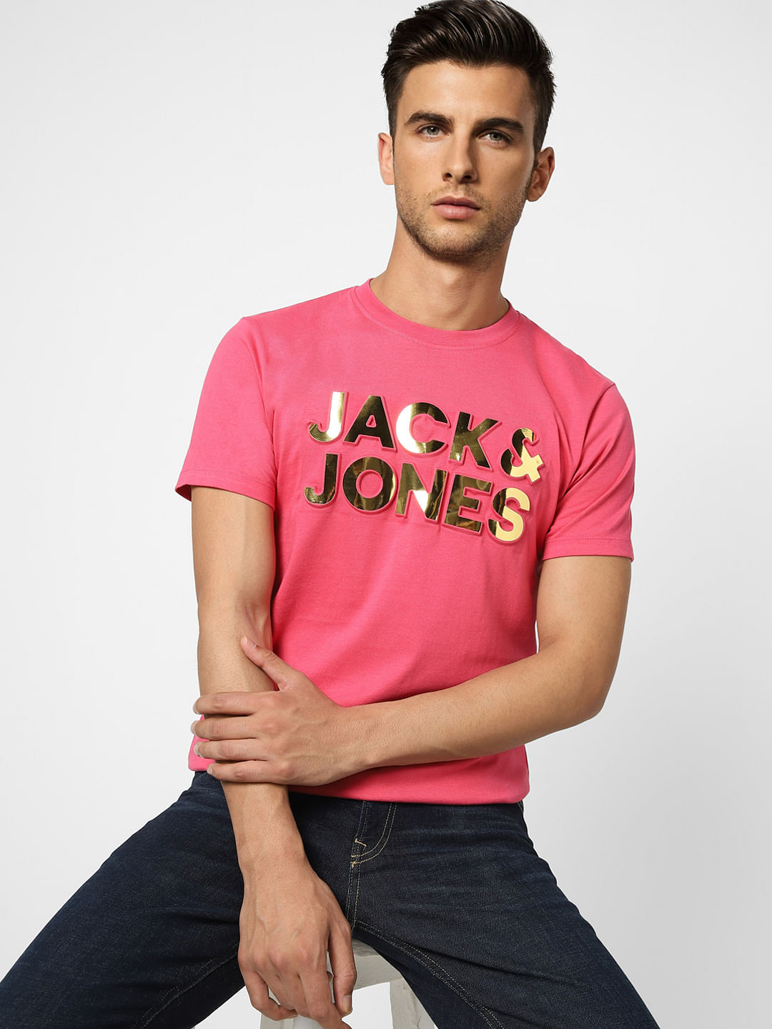 Pink Logo Print Crew Neck T-shirt