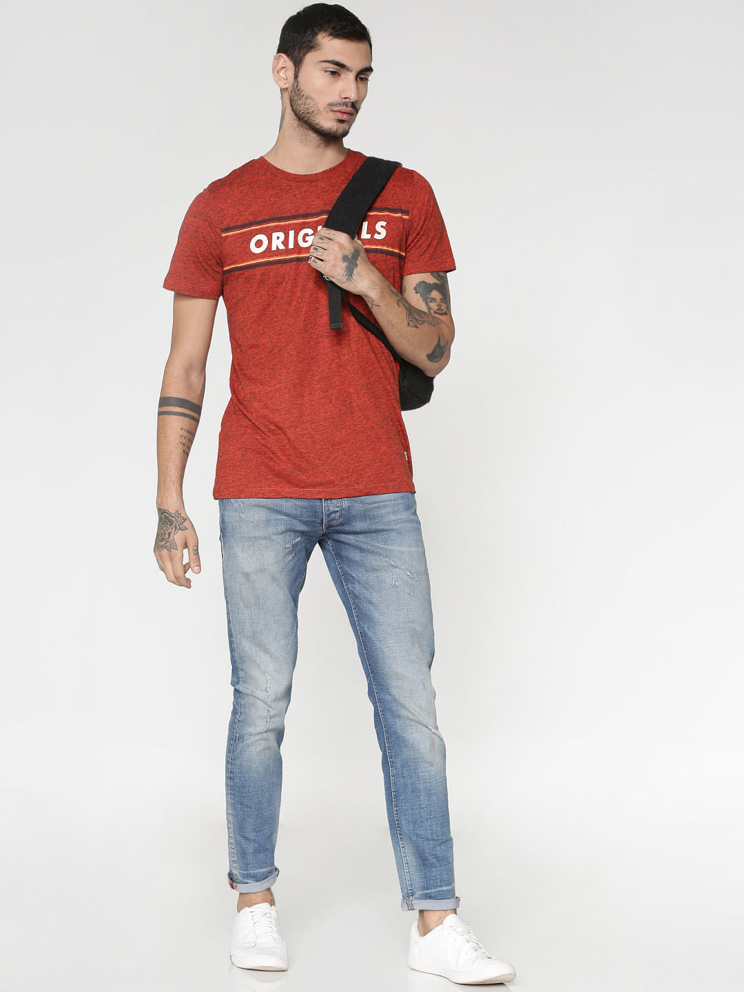 Red Text Print Slim Fit Crew Neck T-Shirt