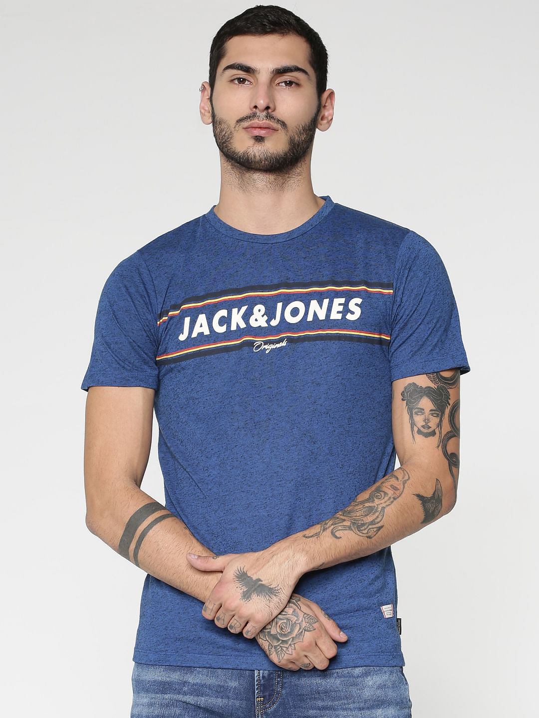 Blue Text Print Slim Fit Crew Neck T-Shirt