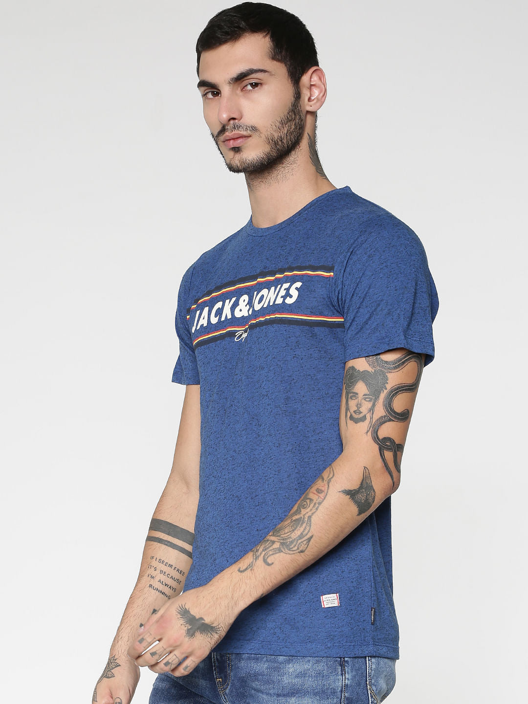 Blue Text Print Slim Fit Crew Neck T-Shirt