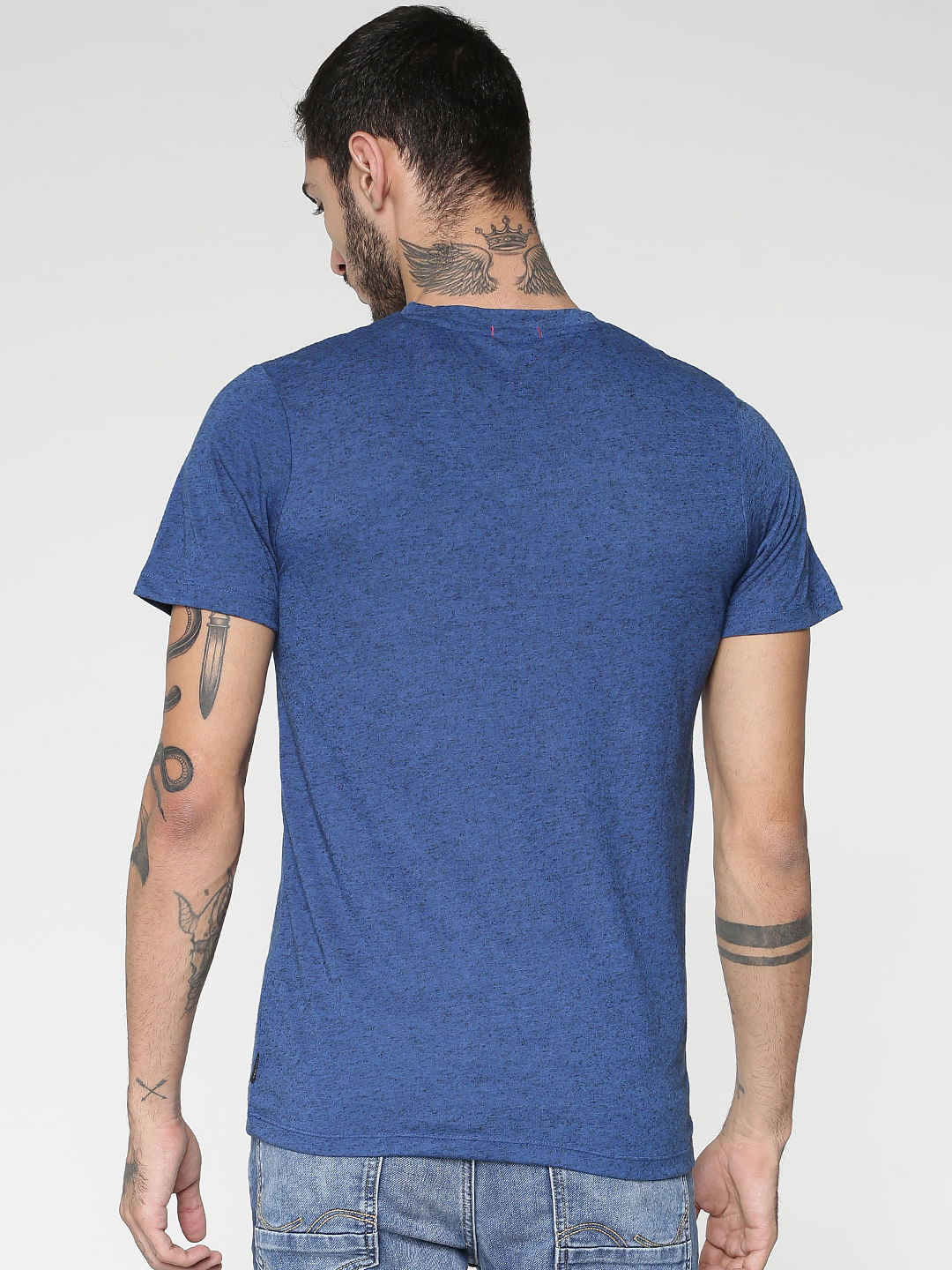Blue Text Print Slim Fit Crew Neck T-Shirt