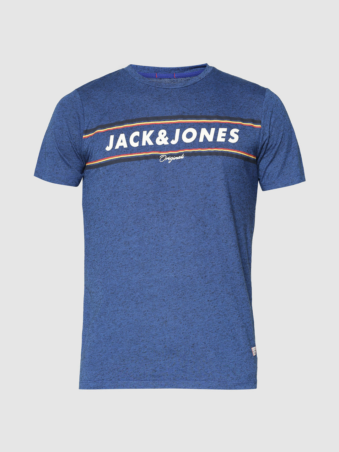 Blue Text Print Slim Fit Crew Neck T-Shirt