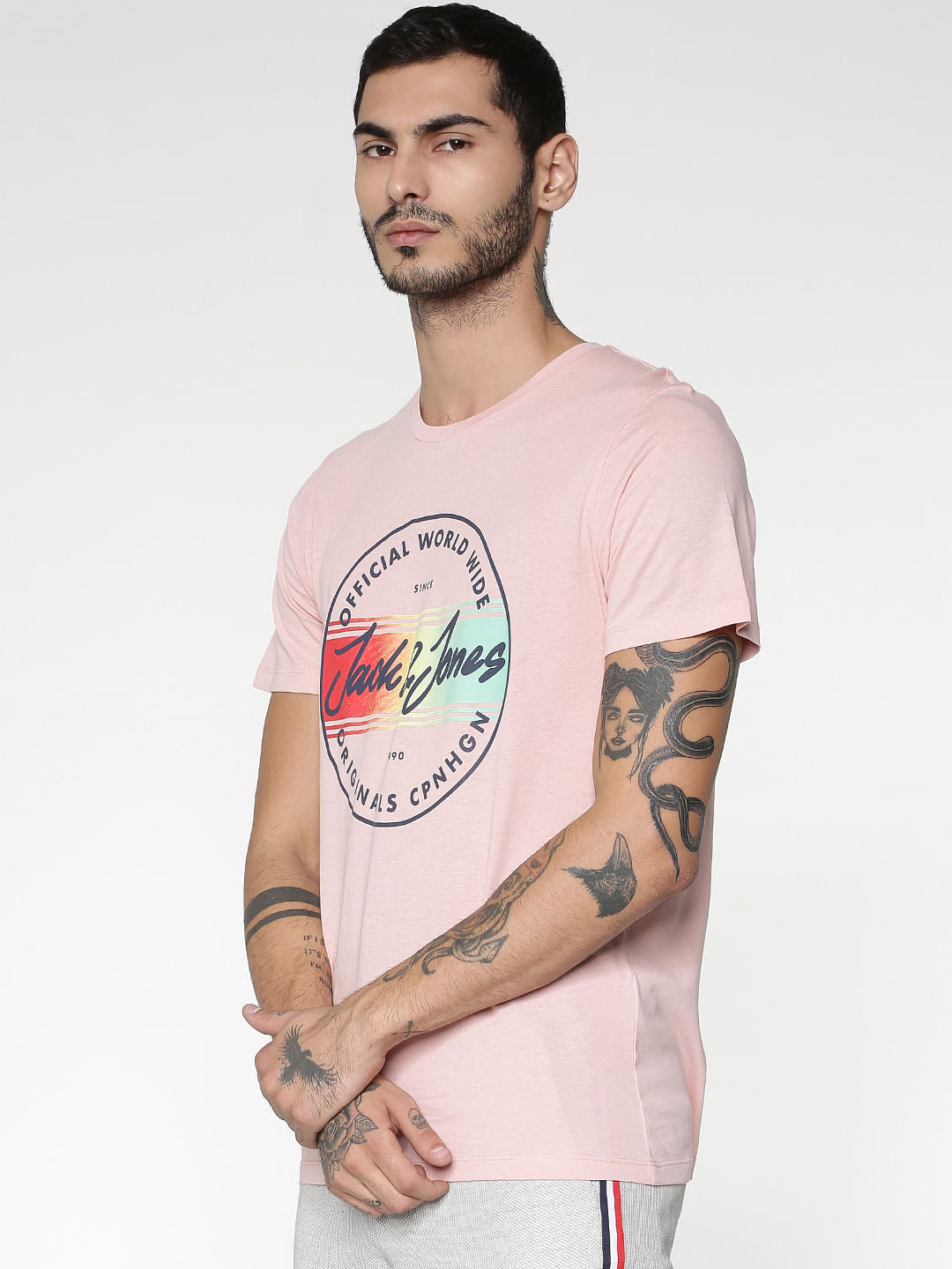 Pink Logo Print Slim Fit Crew Neck T-Shirt