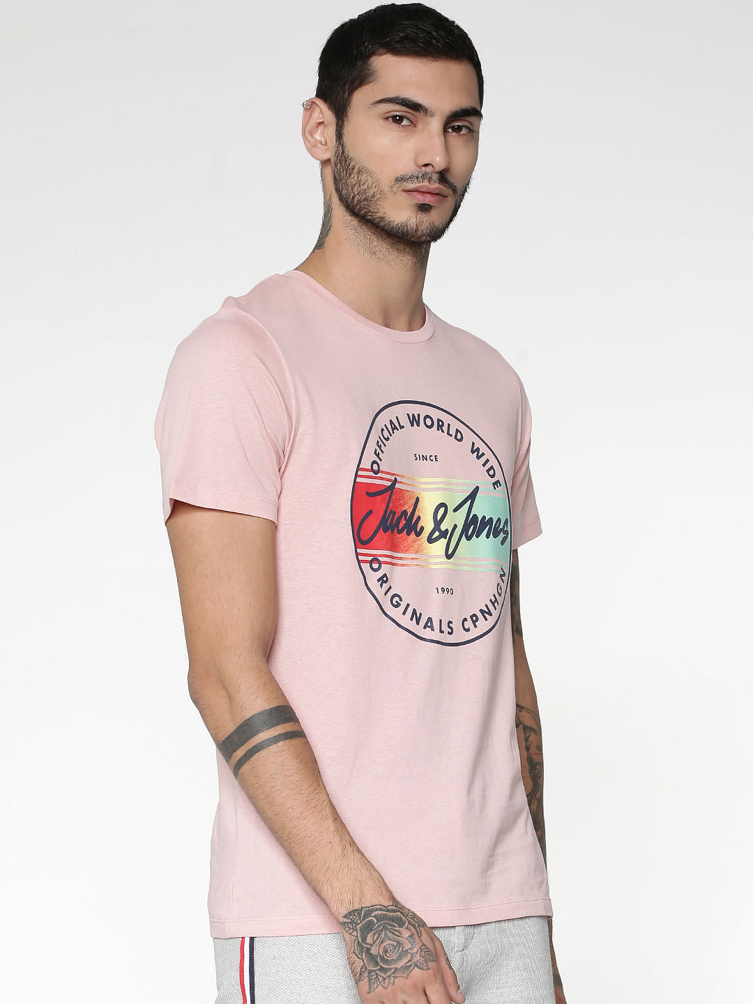 Pink Logo Print Slim Fit Crew Neck T-Shirt