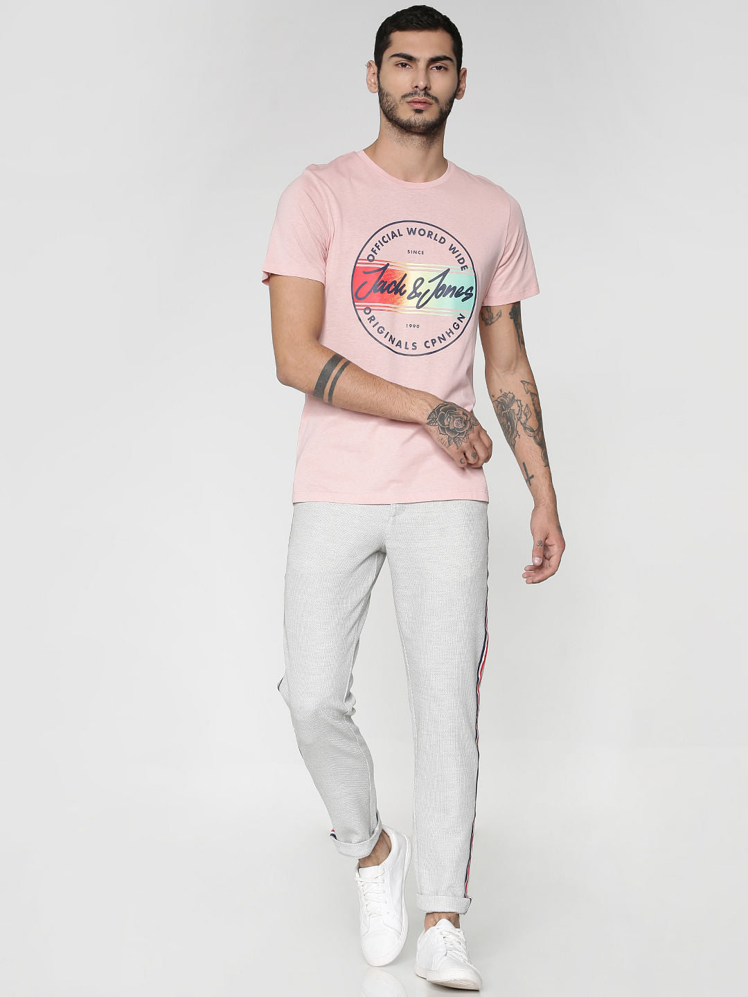 Pink Logo Print Slim Fit Crew Neck T-Shirt