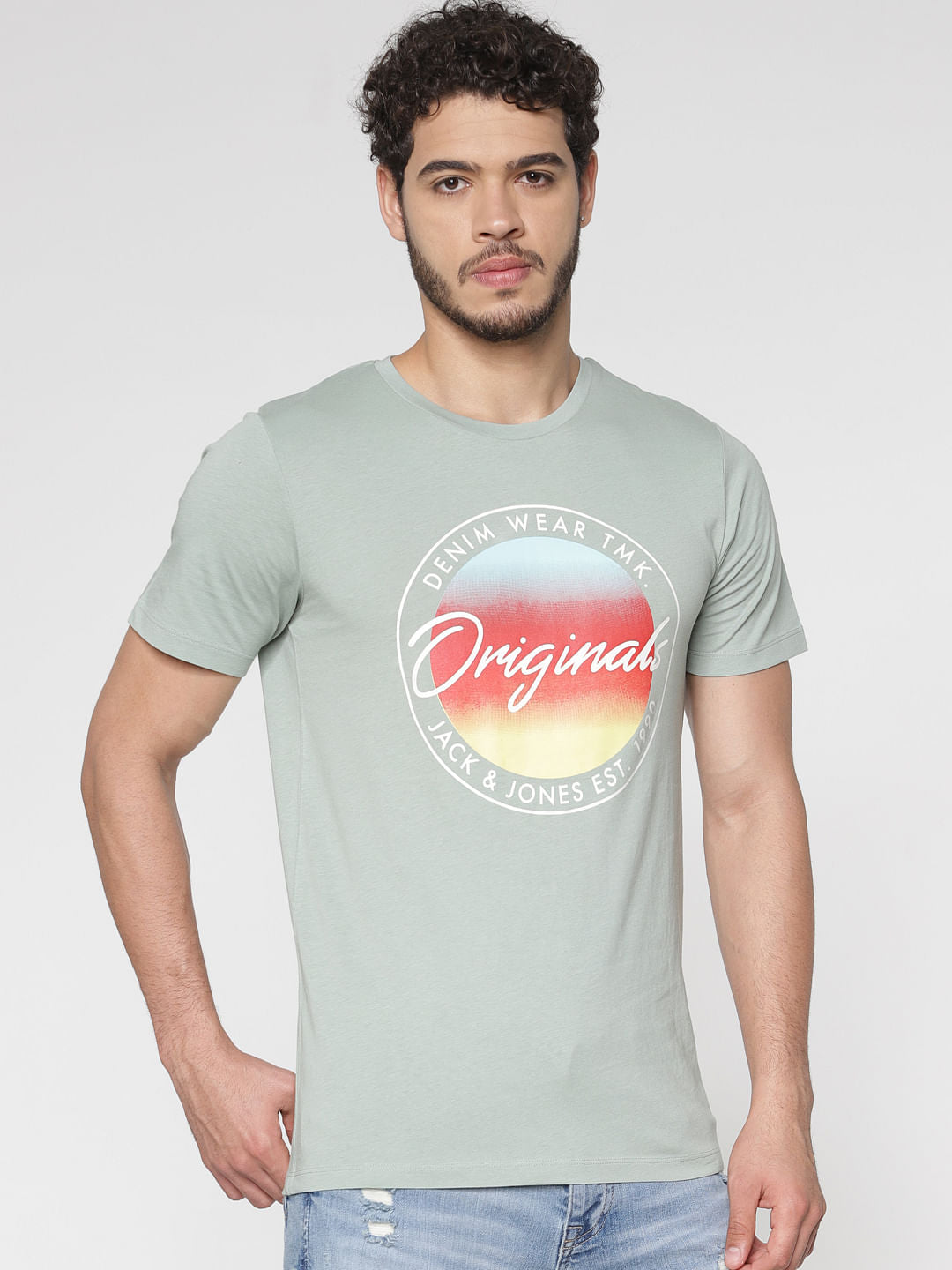 Green Printed Slim Fit Crew Neck T-Shirt
