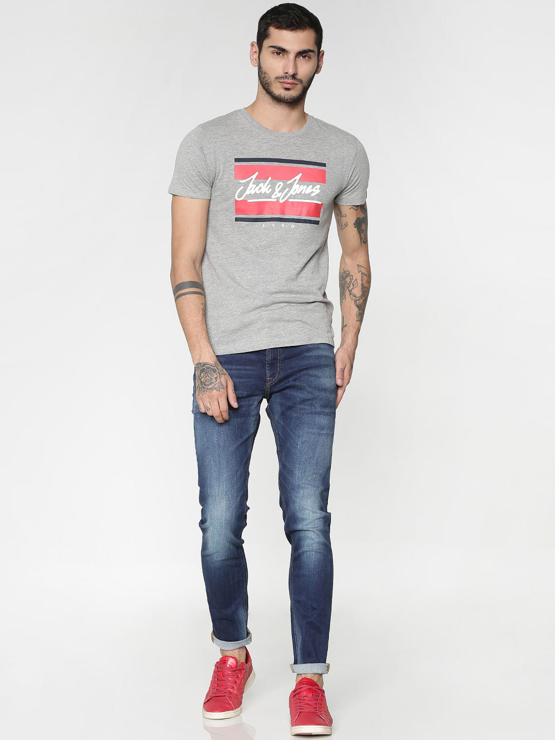 Grey Text Print Slim Fit Crew Neck T-Shirt