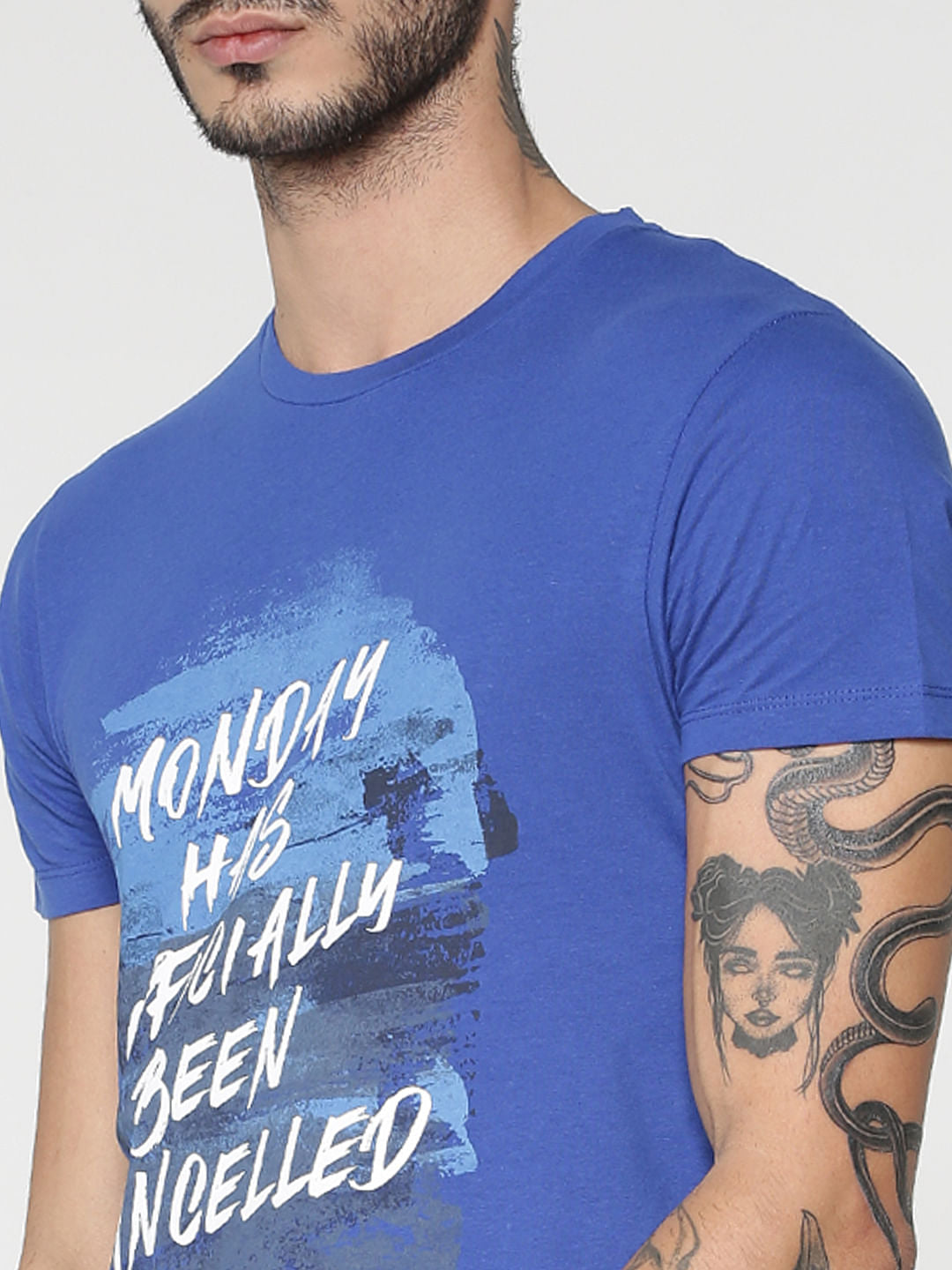 Blue Text Print Slim Fit Crew Neck T-Shirt
