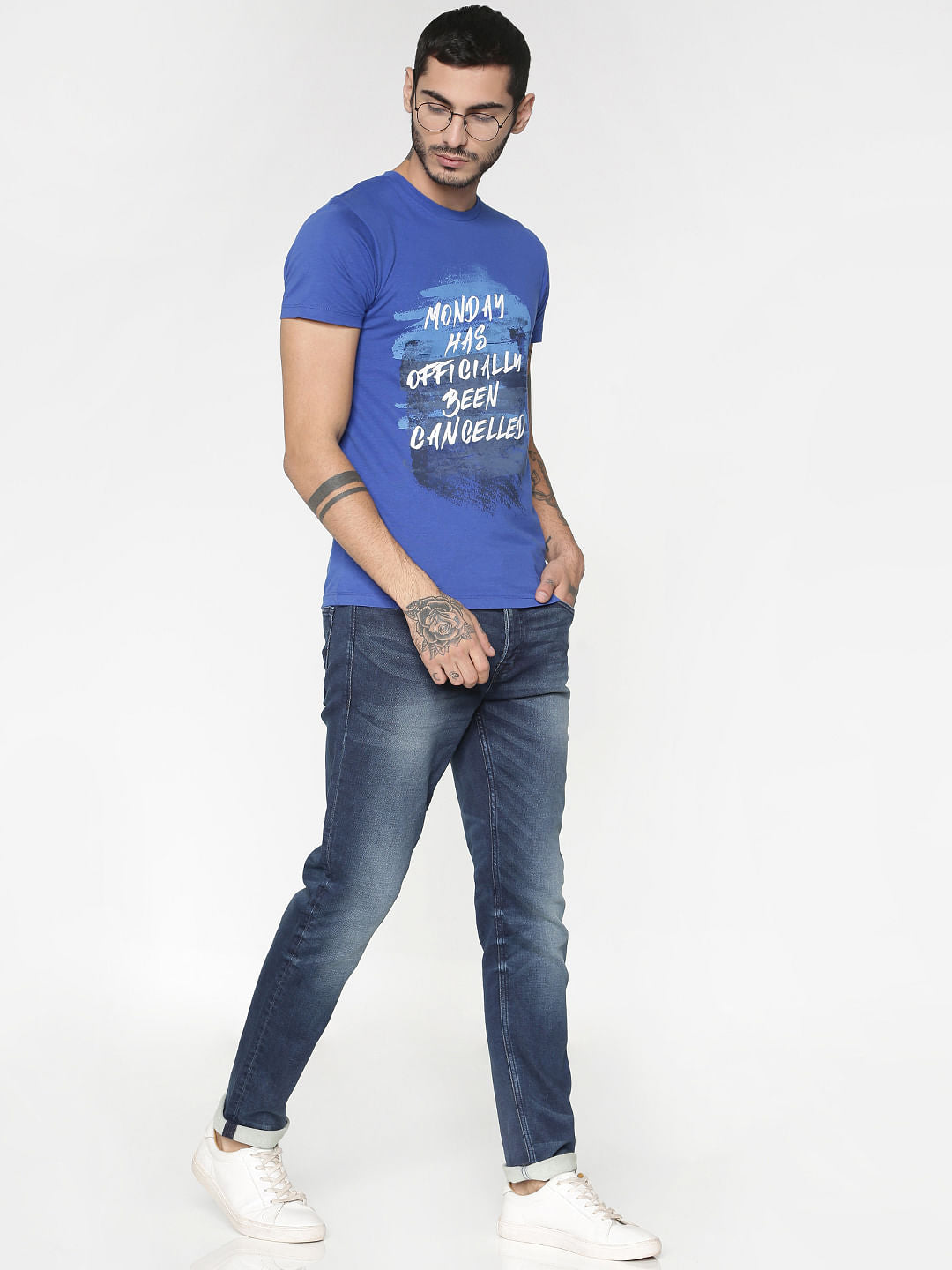Blue Text Print Slim Fit Crew Neck T-Shirt