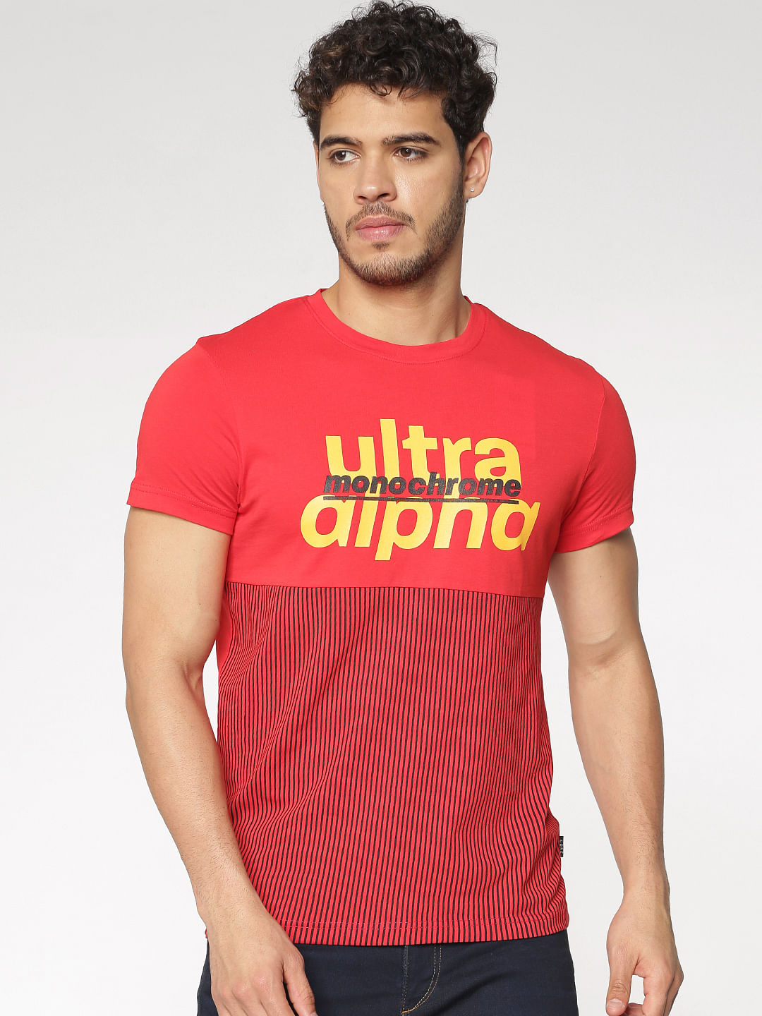Red Text And Print Blocked Slim Fit Crew Neck T-Shirt