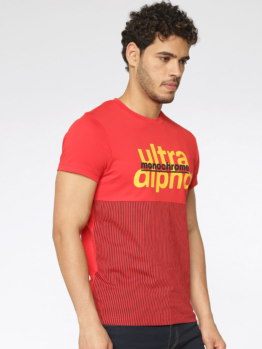 Red Text And Print Blocked Slim Fit Crew Neck T-Shirt