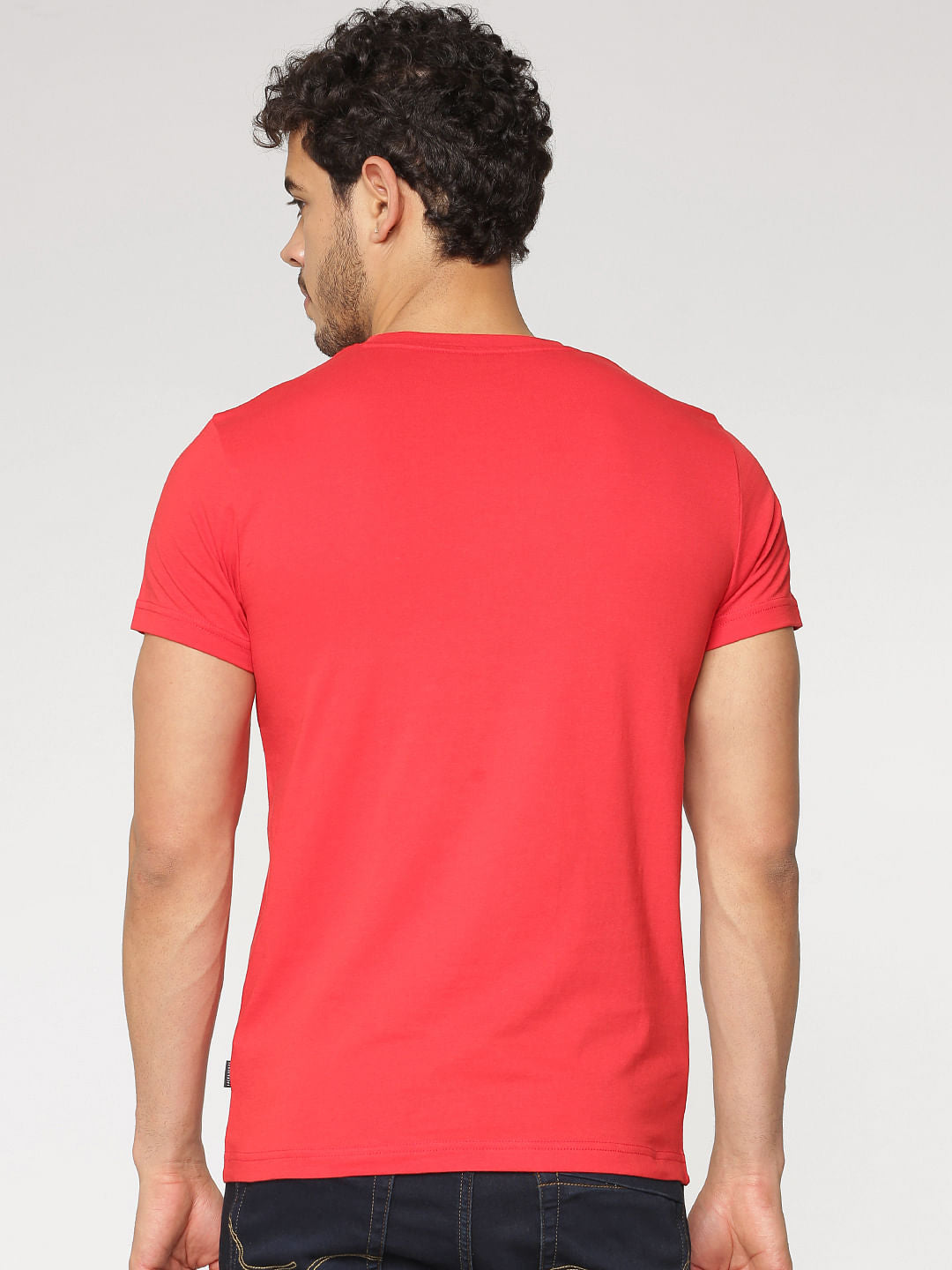 Red Text And Print Blocked Slim Fit Crew Neck T-Shirt