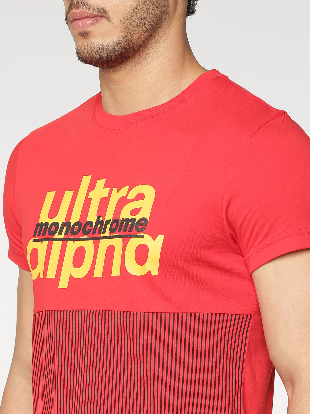 Red Text And Print Blocked Slim Fit Crew Neck T-Shirt