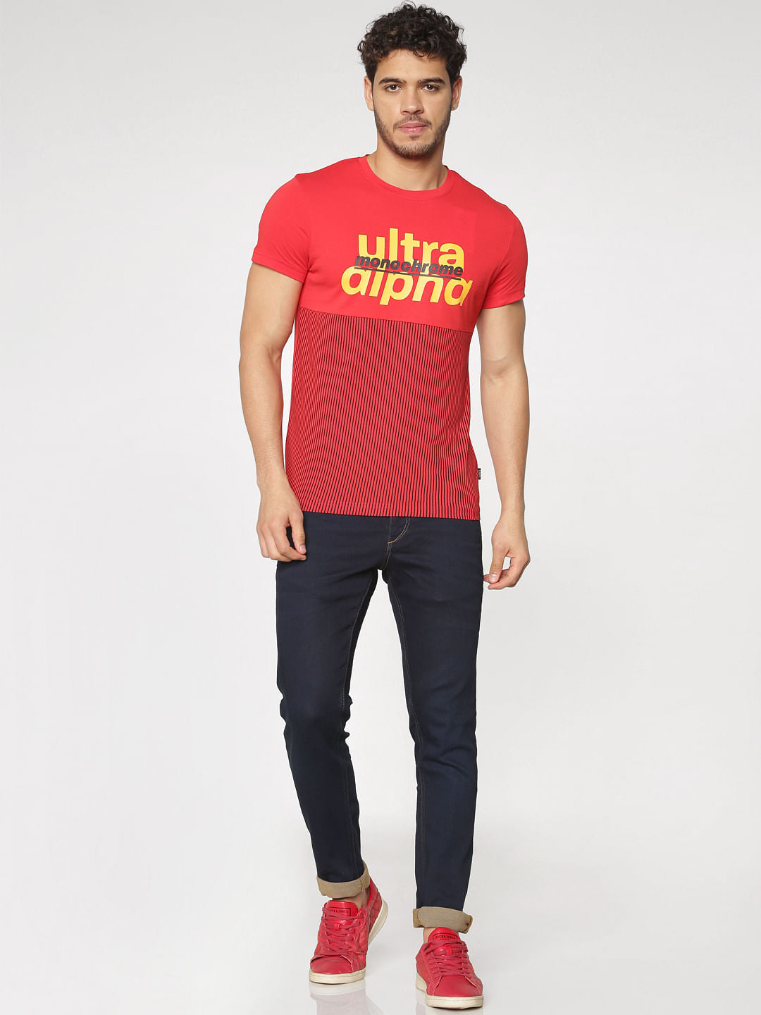 Red Text And Print Blocked Slim Fit Crew Neck T-Shirt