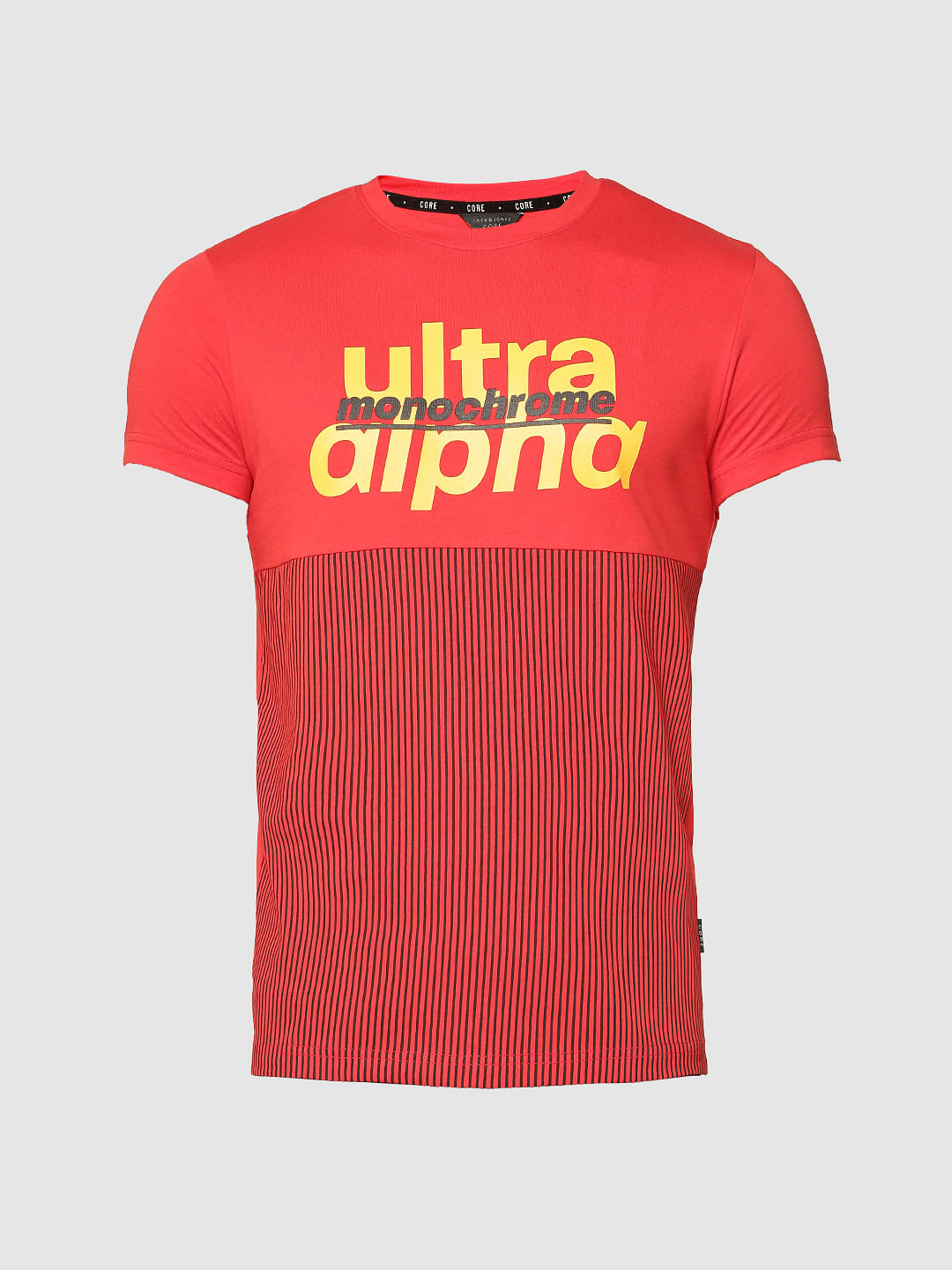 Red Text And Print Blocked Slim Fit Crew Neck T-Shirt