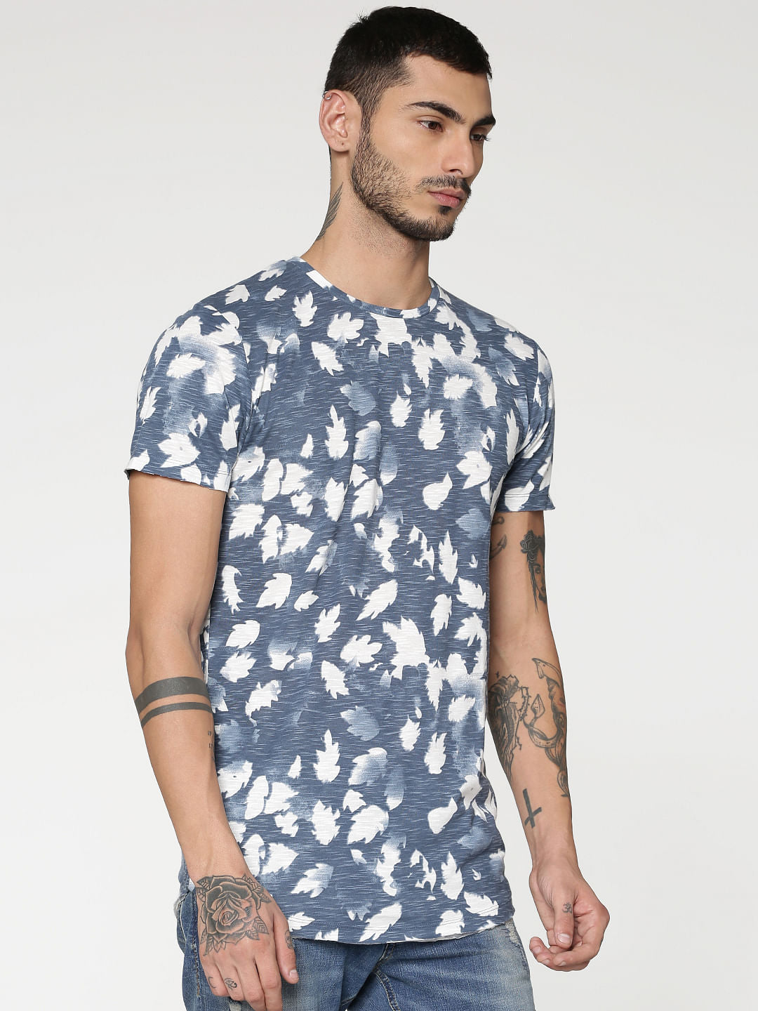 White And Blue All Over Tropical Print Slim Fit Crew Neck T-Shirt