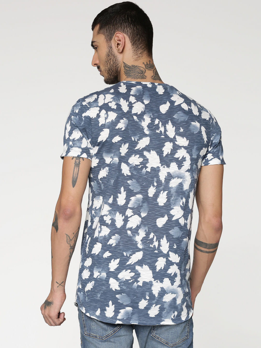 White And Blue All Over Tropical Print Slim Fit Crew Neck T-Shirt