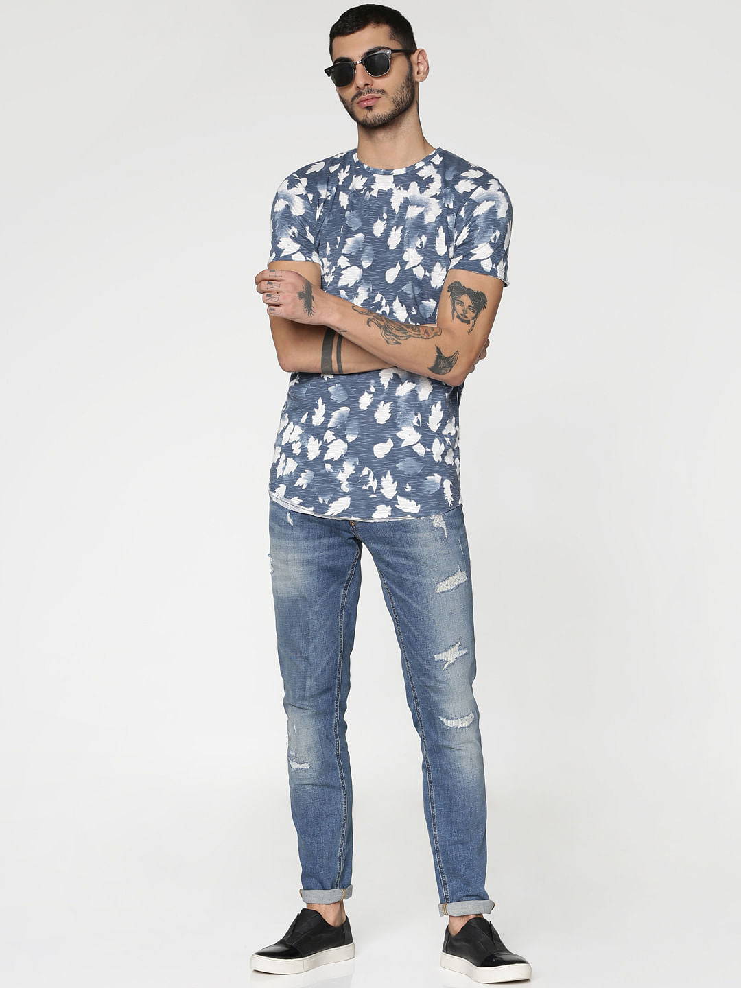 White And Blue All Over Tropical Print Slim Fit Crew Neck T-Shirt
