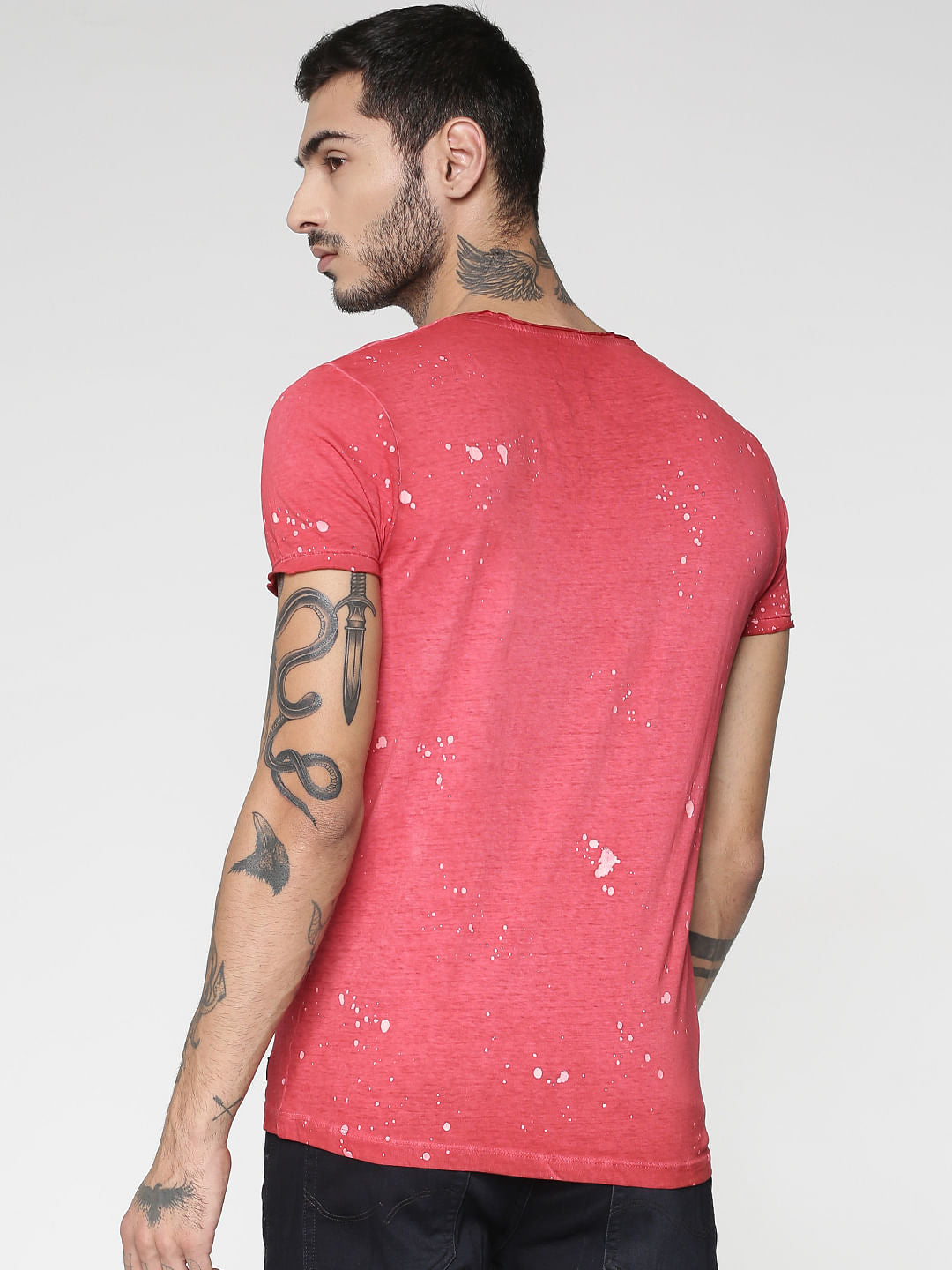 Red Graphic Print Washed Effect Slim Fit Crew Neck T-Shirt