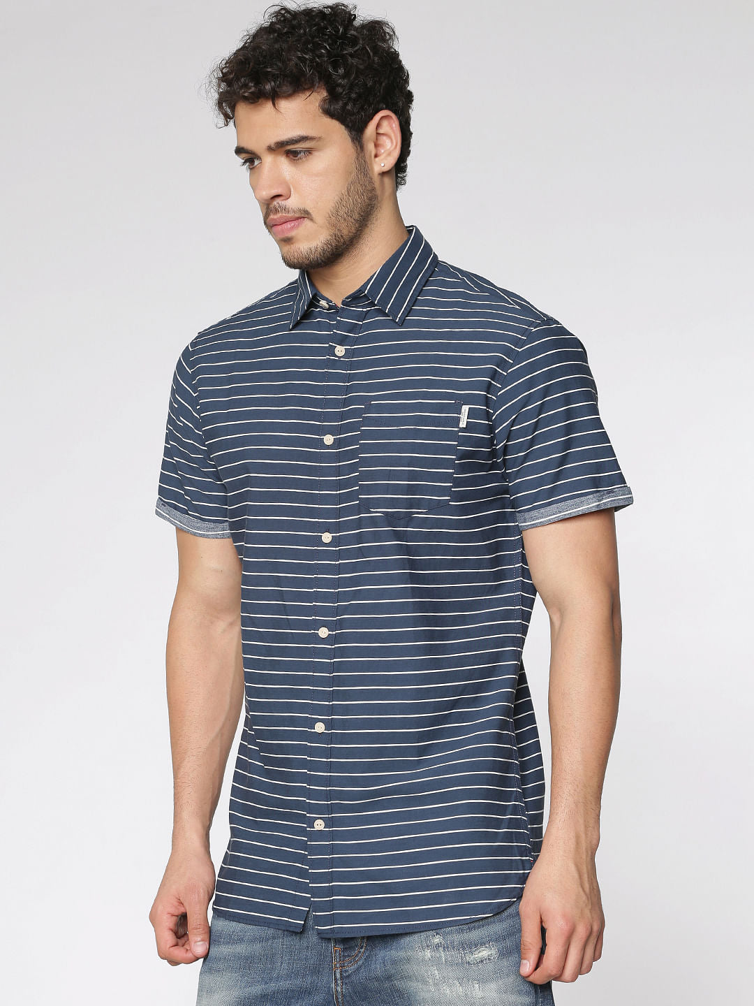 Blue Striped Slim Fit Short Sleeves Shirt
