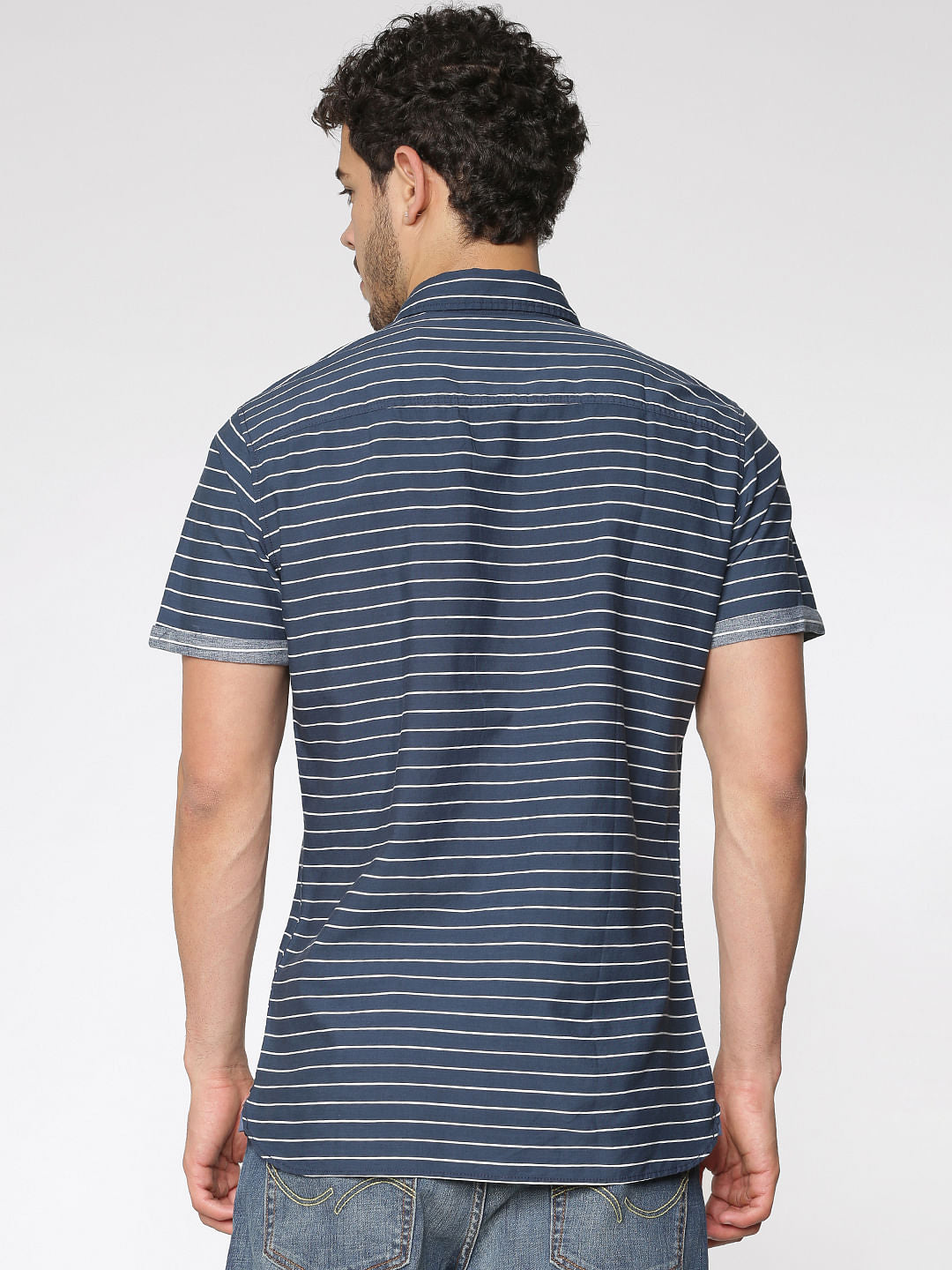 Blue Striped Slim Fit Short Sleeves Shirt