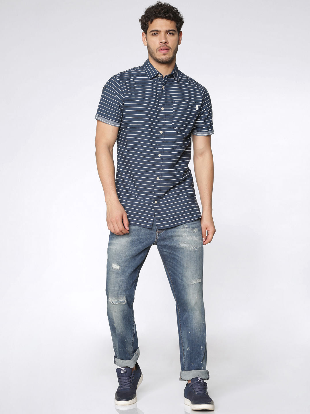 Blue Striped Slim Fit Short Sleeves Shirt