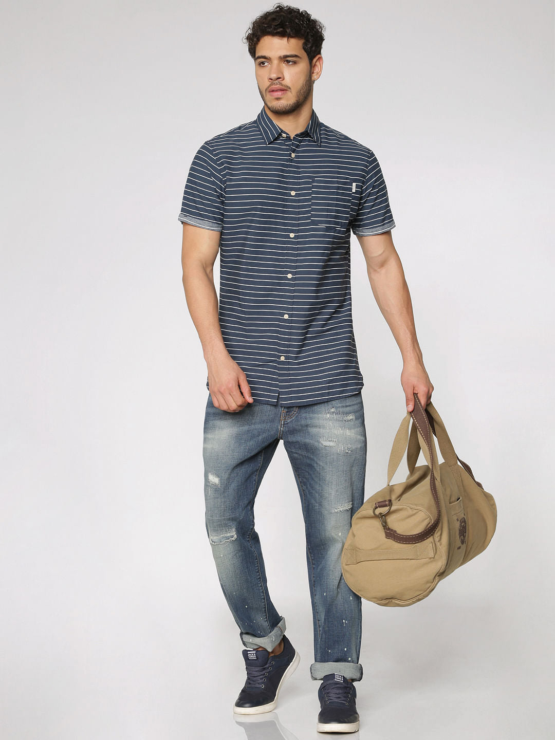 Blue Striped Slim Fit Short Sleeves Shirt