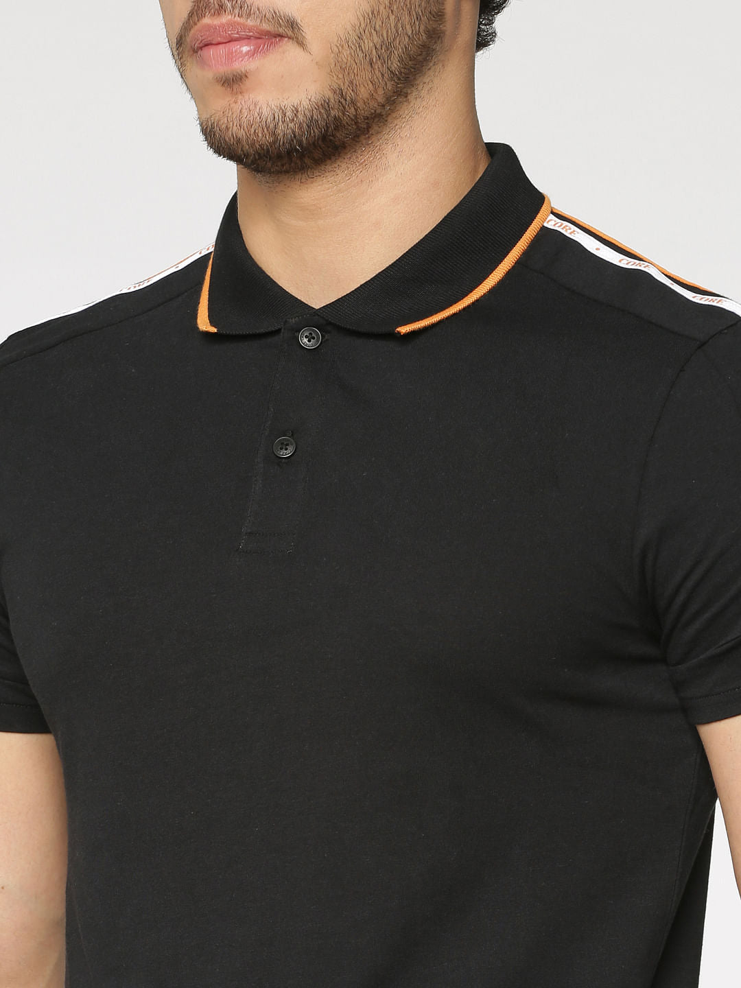 Black Tape Sleeve Detail Slim Fit Polo Neck T-Shirt